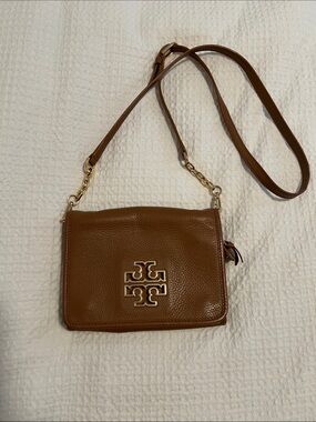 Tory Burch Pebbled Leather Crossbody in Brown with Gold Logo